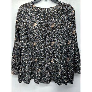 SILK Madewell Black & Peach Floral Peplum Blouse With Bell Sleeves Size Large